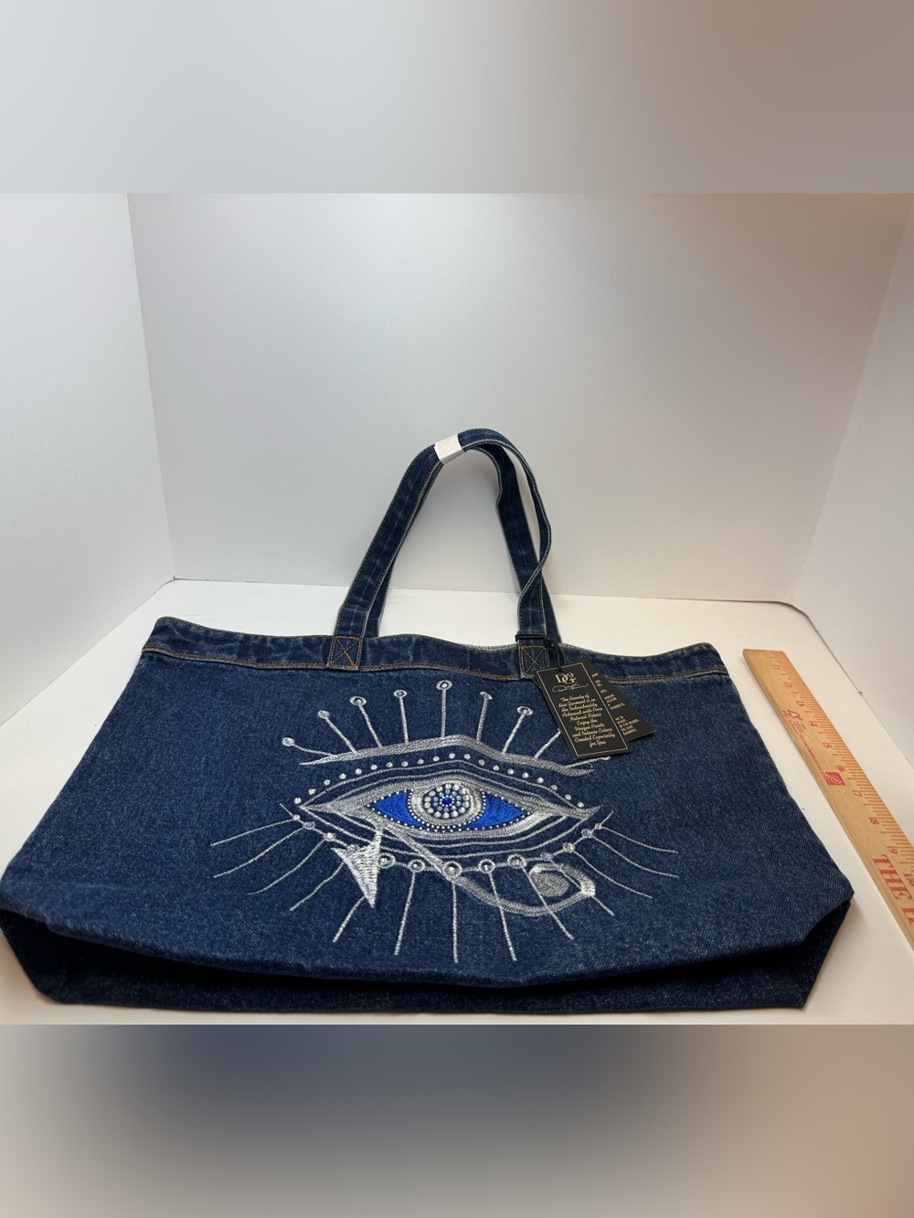 #DG2 By Diane Gilman Women's Embroidered Evil Eye Denim Tote Bag W/pocket